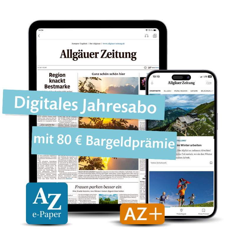 Bild zum digitale Jahresabo der Allgäuer Zeitung mit Tablet und Smartphone, die das e-Paper und AZ+ Inhalte zeigen. Text: 'Digitales Jahresabo mit 80 € Bargeldprämie'. Logos: AZ e-Paper und AZ+.