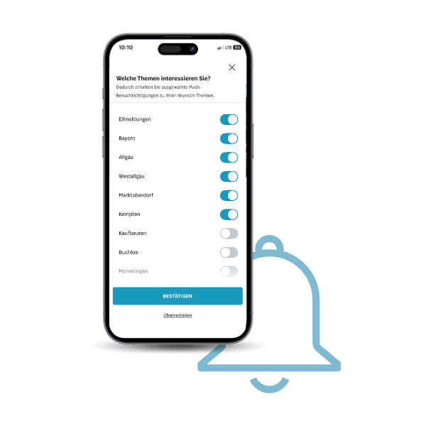 Smartphone mit einer App-Einstellung für Push-Benachrichtigungen. Es sind sechs Themen mit Schaltern zum Ein- und Ausschalten aufgelistet. Rechts neben dem Smartphone ist eine stilisierte blaue Glocke als Symbol für Benachrichtigungen zu sehen.
