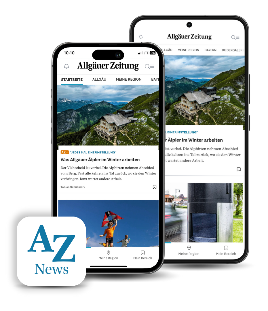 Zwei nebeneinander stehende Smartphones zeigen die Startseite der Website der Allgäuer Zeitung mit Landschaftsfotos und Text. Vor den Smartphones ist ein App-Symbol mit den blauen Buchstaben 'AZ' und dem Wort 'News' zu sehen.