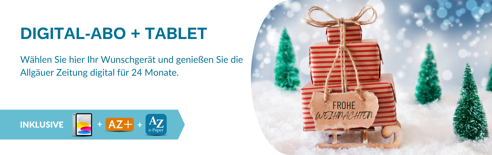 Geschenkpakete mit rotem Geschenkpapier und Schleifen auf einem Holzschlitten, umgeben von kleinen Tannenbäumen, mit Schild 'FROHE WEIHNACHTEN'.