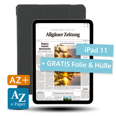Ein iPad 11 zeigt die 'Allgäuer Zeitung' auf dem Bildschirm. Links sind die Logos 'AZ+' und 'AZ e-Paper' sichtbar.