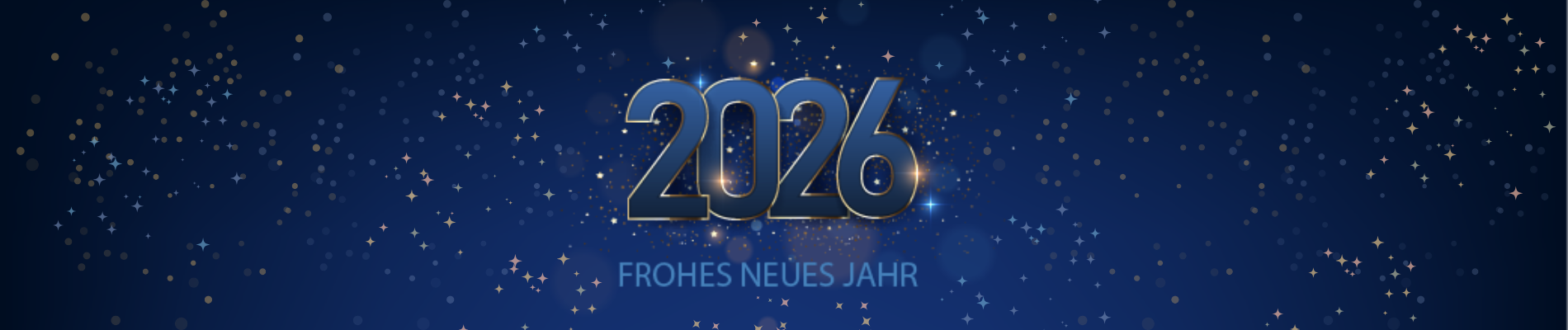 Frohes Neues Jahr Zahl 2026 mit dem Text 'FROHES NEUES JAHR' vor einem dunkelblauen Hintergrund mit Sternen und Lichtpunkten