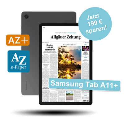 Ein Samsung Galaxy Tab A11+ zeigt die 'Allgäuer Zeitung' auf dem Bildschirm. Links sind die Logos 'AZ+' und 'AZ e-Paper' sichtbar.