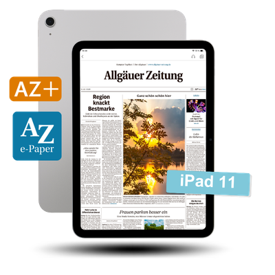 Ein iPad 11 zeigt die 'Allgäuer Zeitung' auf dem Bildschirm. Links sind die Logos 'AZ+' und 'AZ e-Paper' sichtbar.