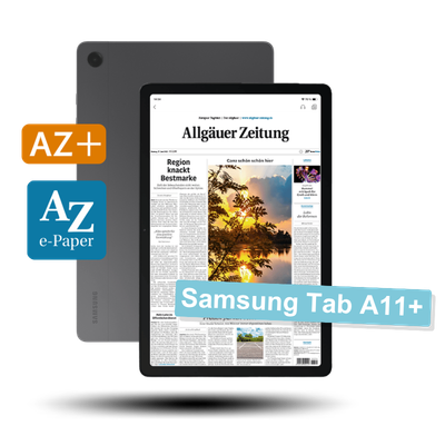 Ein Samsung Galaxy Tab A11+ zeigt die 'Allgäuer Zeitung' auf dem Bildschirm. Links sind die Logos 'AZ+' und 'AZ e-Paper' sichtbar.