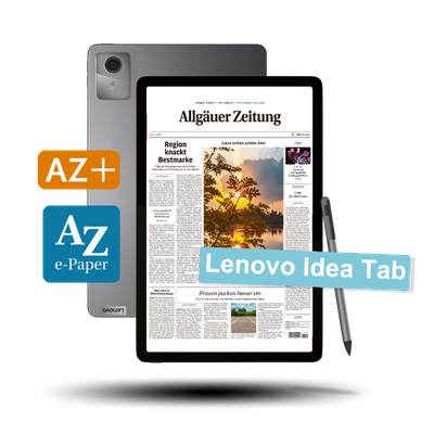 Ein Lenovo Tab Idea Tab zeigt die 'Allgäuer Zeitung' auf dem Bildschirm. Rechts lehnt ein Digital Pen am Tablet und links sind die Logos 'AZ+' und 'AZ e-Paper' sichtbar.