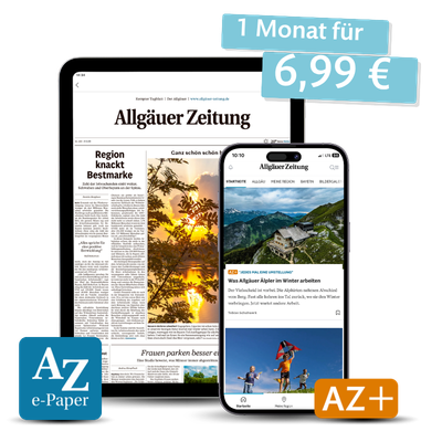Tablet und Smartphone zeigen digitale Ausgabe der Allgäuer Zeitung mit Artikeln und Bildern, darunter Sonnenuntergang und Berglandschaft, dazu Textbanner '1 Monat für 6,99 €'